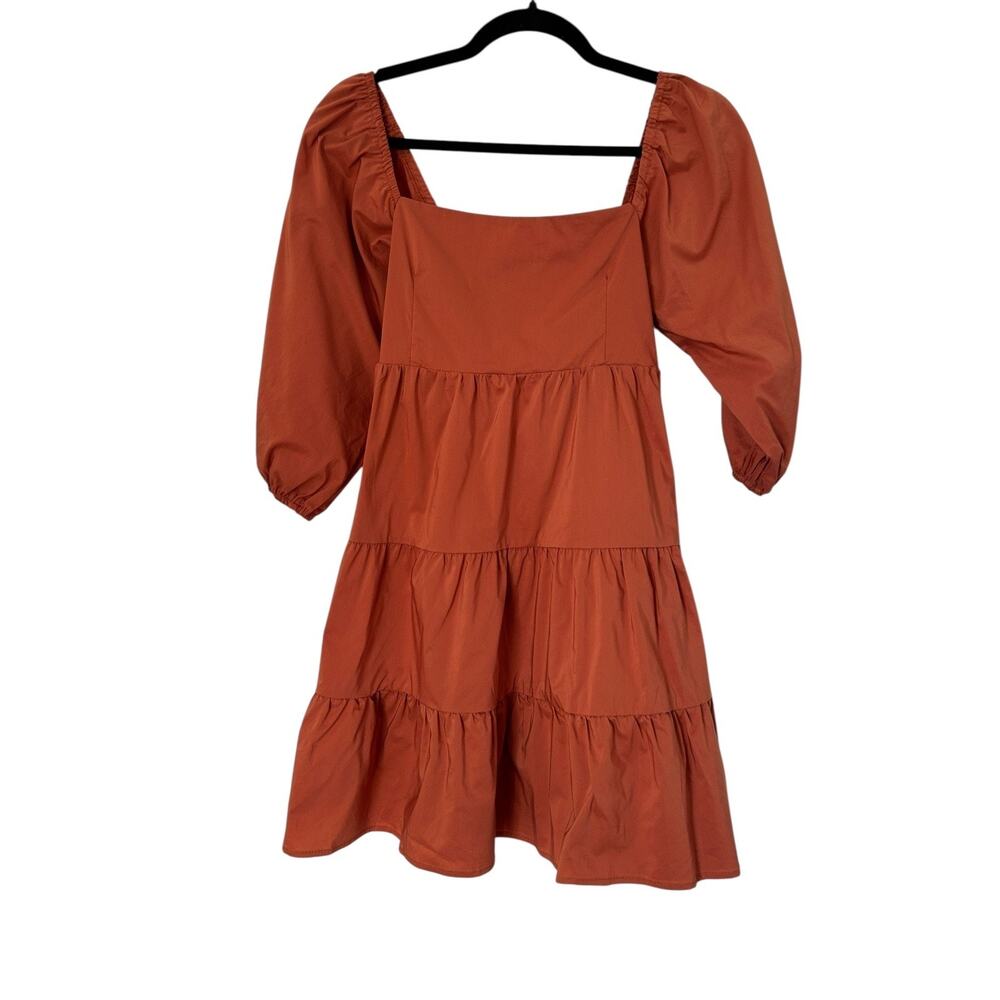 Olivaceous Dress Womens Size S Rust Puff Sleeve Smocked Tiered Mini Boho Peasant